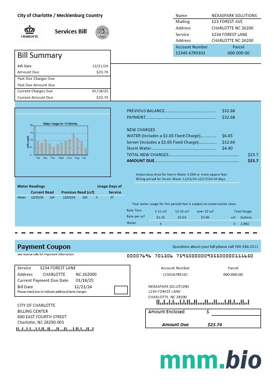 USA North Carolina City of Charlotte water rachunek za usługi komunalne szablon w formacie Word i PDF